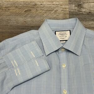 Charles Tyrwhitt Blue Plaid Mens 16.5 Extra Slim Fit French Cuff Button Up Shirt